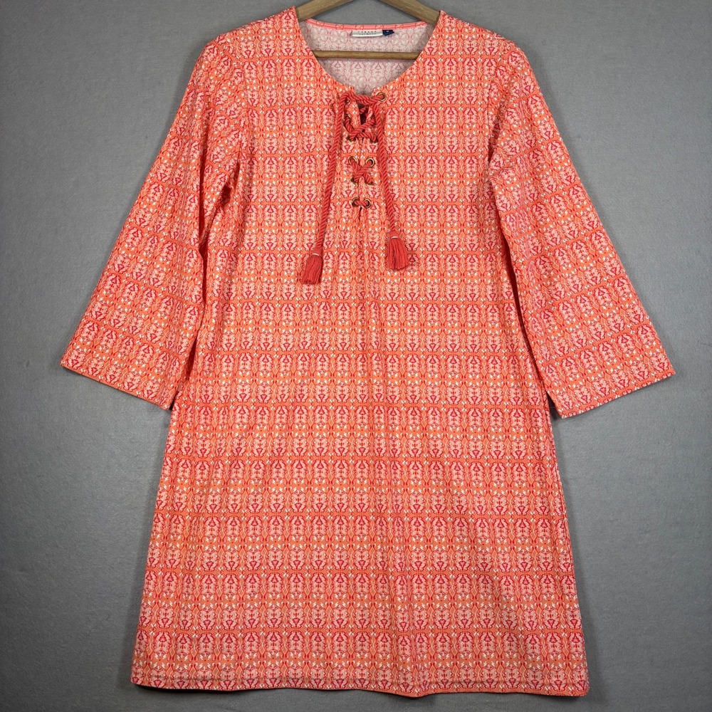Talbots Cabana Life Printed Tunic Dress Womens Medium Coral Orange Tie Neck Boho